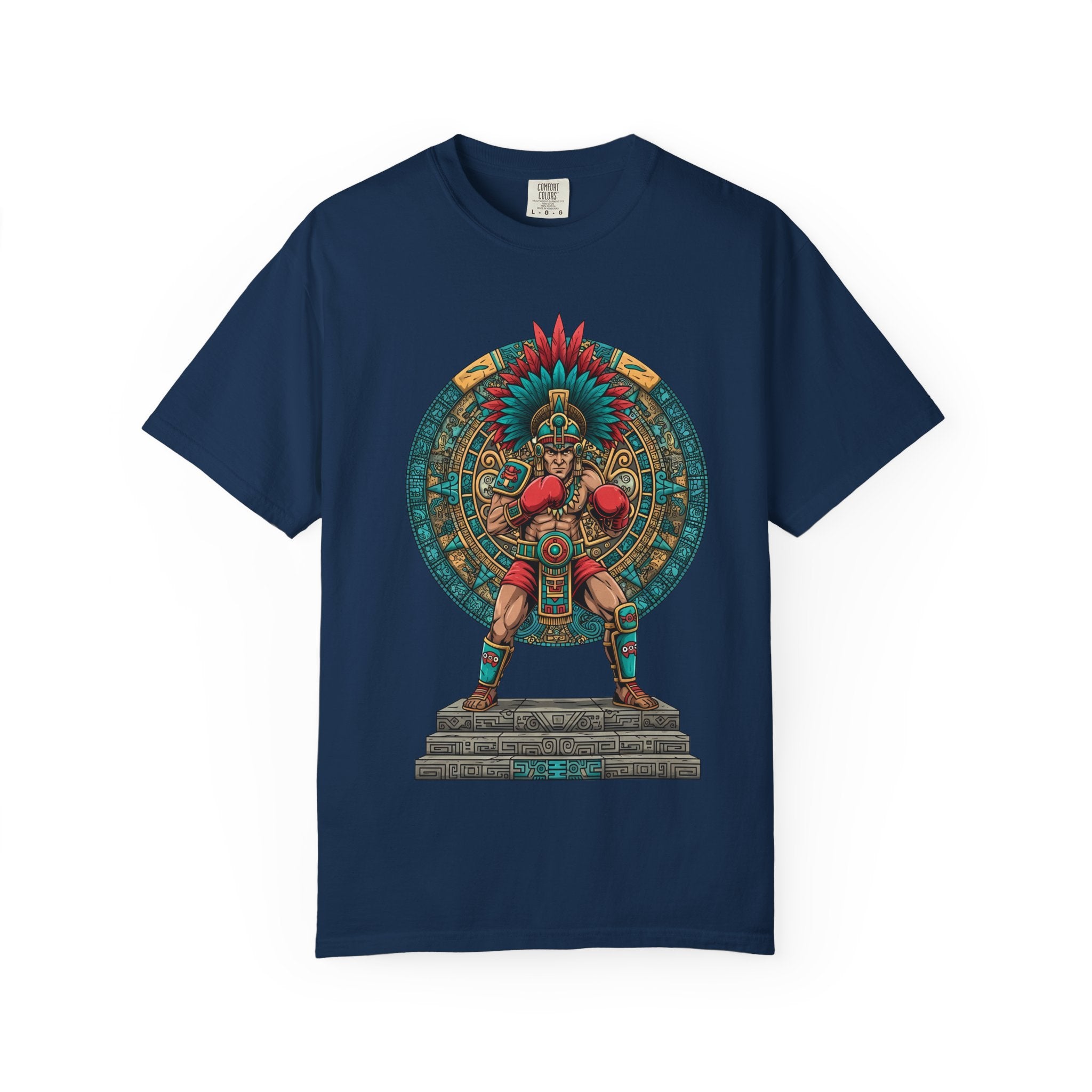 Aztec Warrior Graphic T-Shirt — Vintage Mesoamerican Sunstone Design