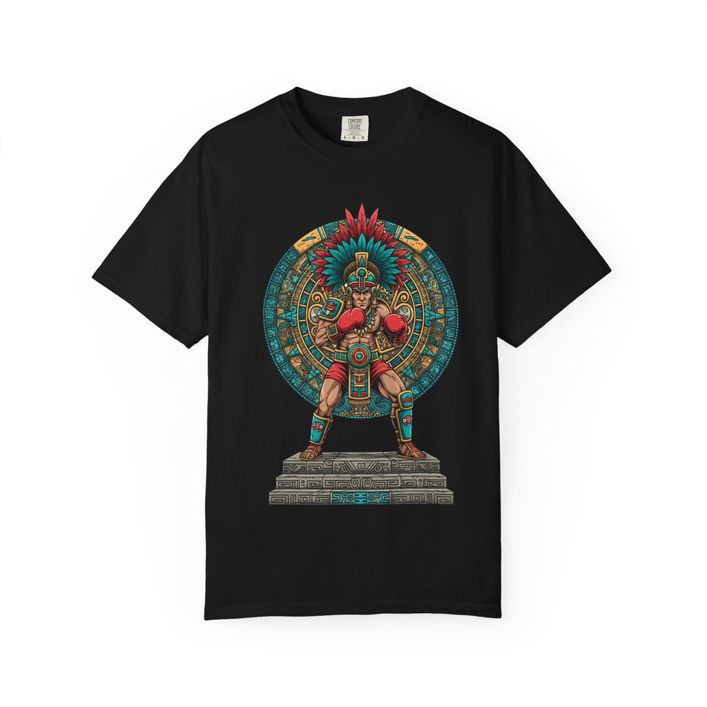 Aztec Warrior Graphic T-Shirt — Vintage Mesoamerican Sunstone Design