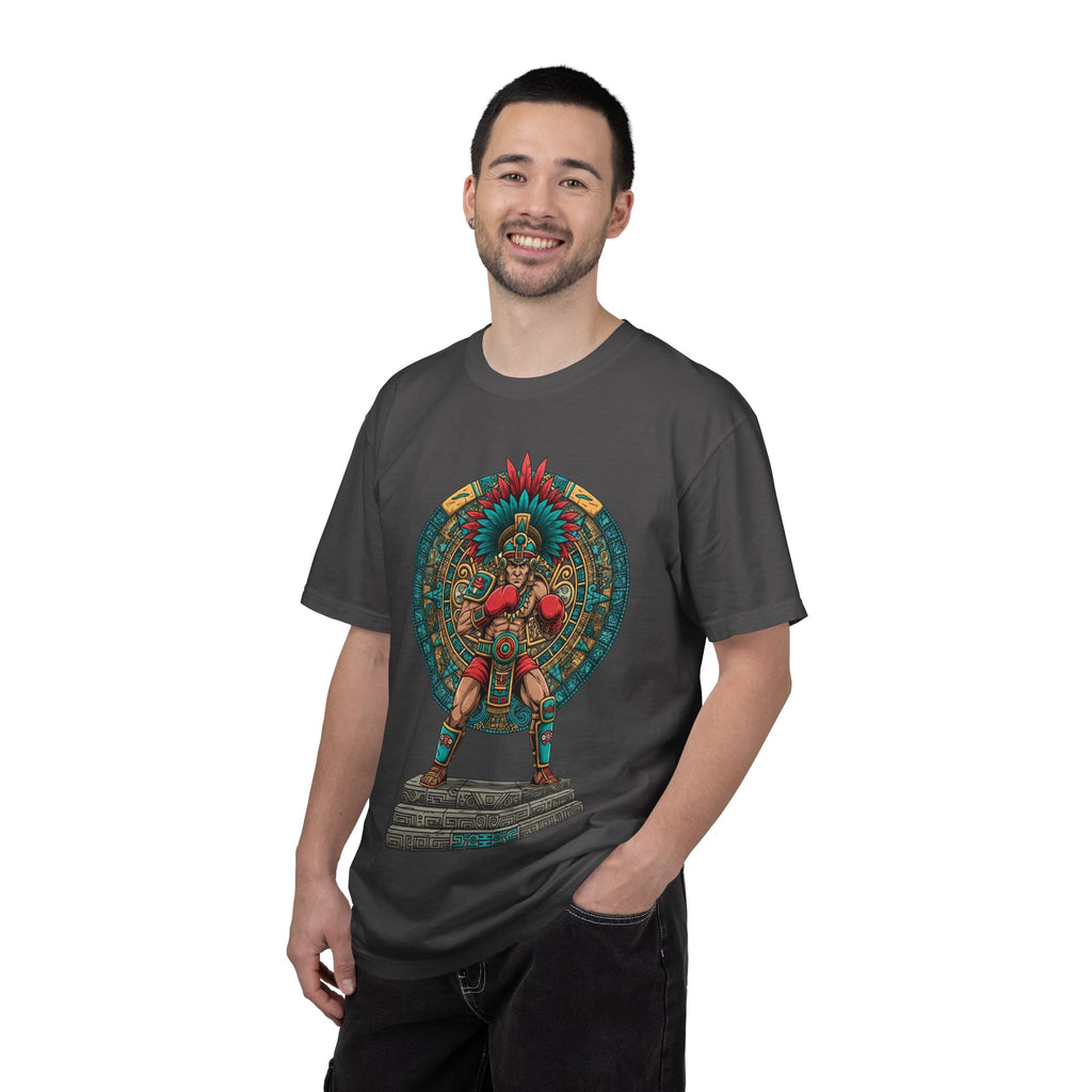 Aztec Warrior Graphic T-Shirt — Vintage Mesoamerican Sunstone Design