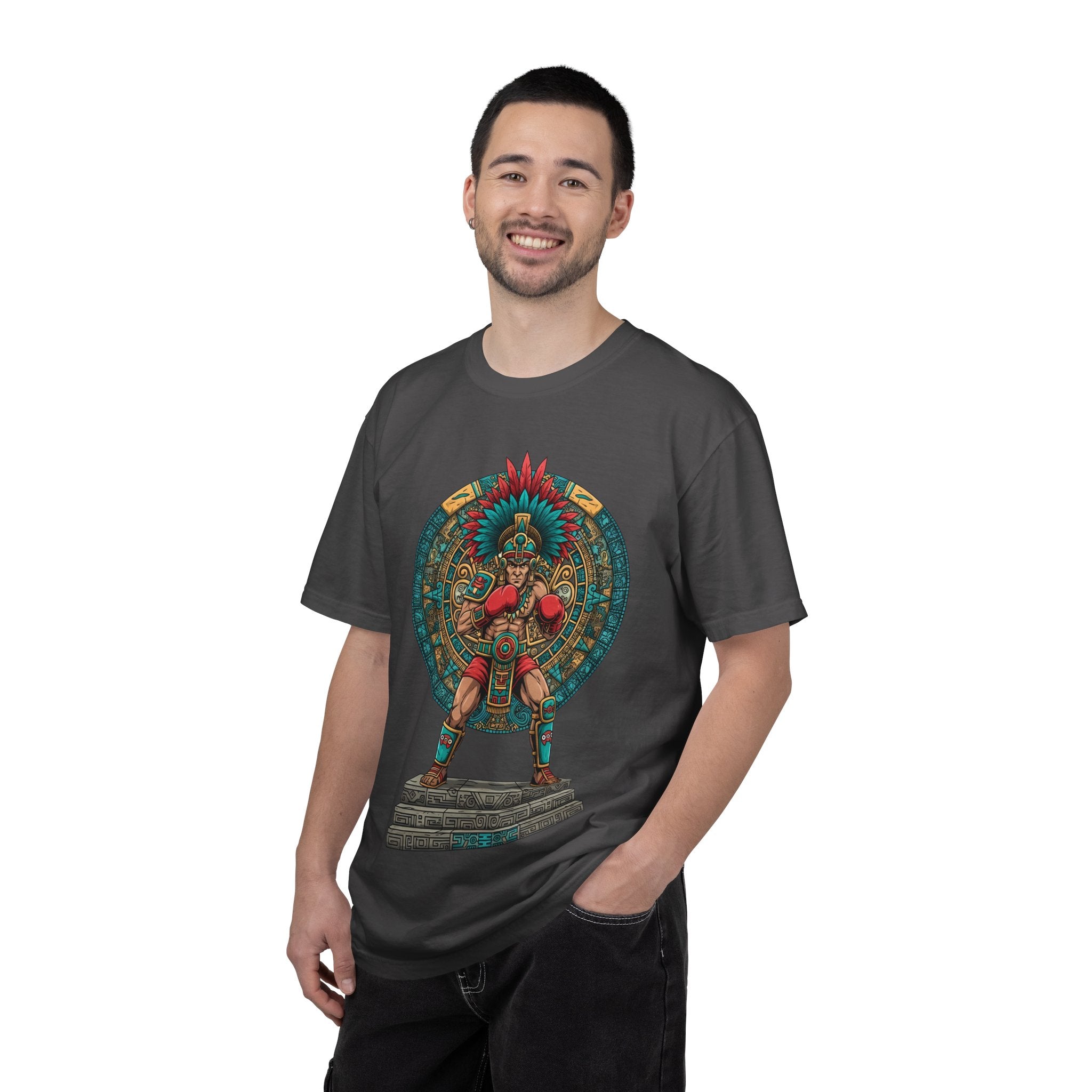 Aztec Warrior Graphic T-Shirt — Vintage Mesoamerican Sunstone Design
