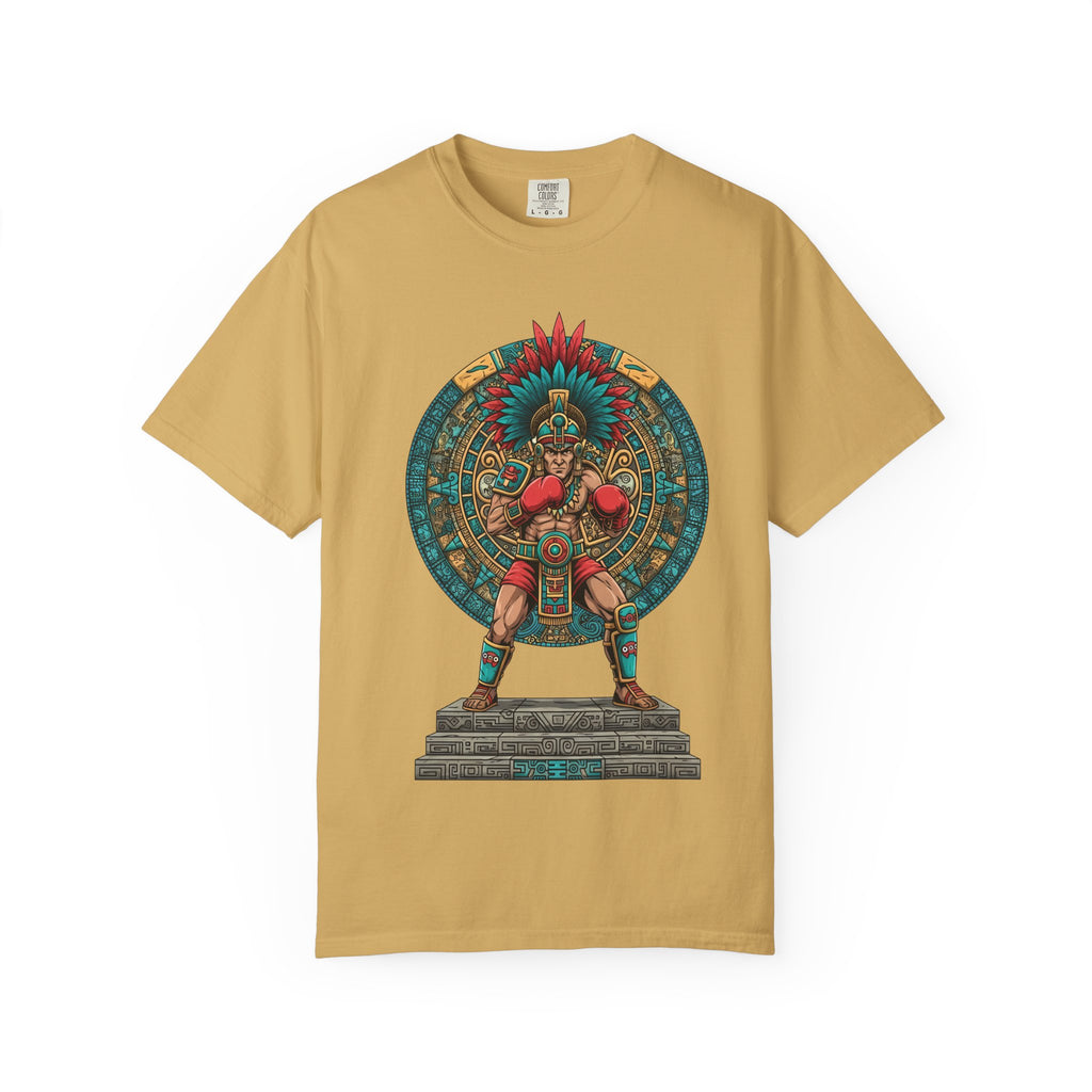 Aztec Warrior Graphic T-Shirt — Vintage Mesoamerican Sunstone Design