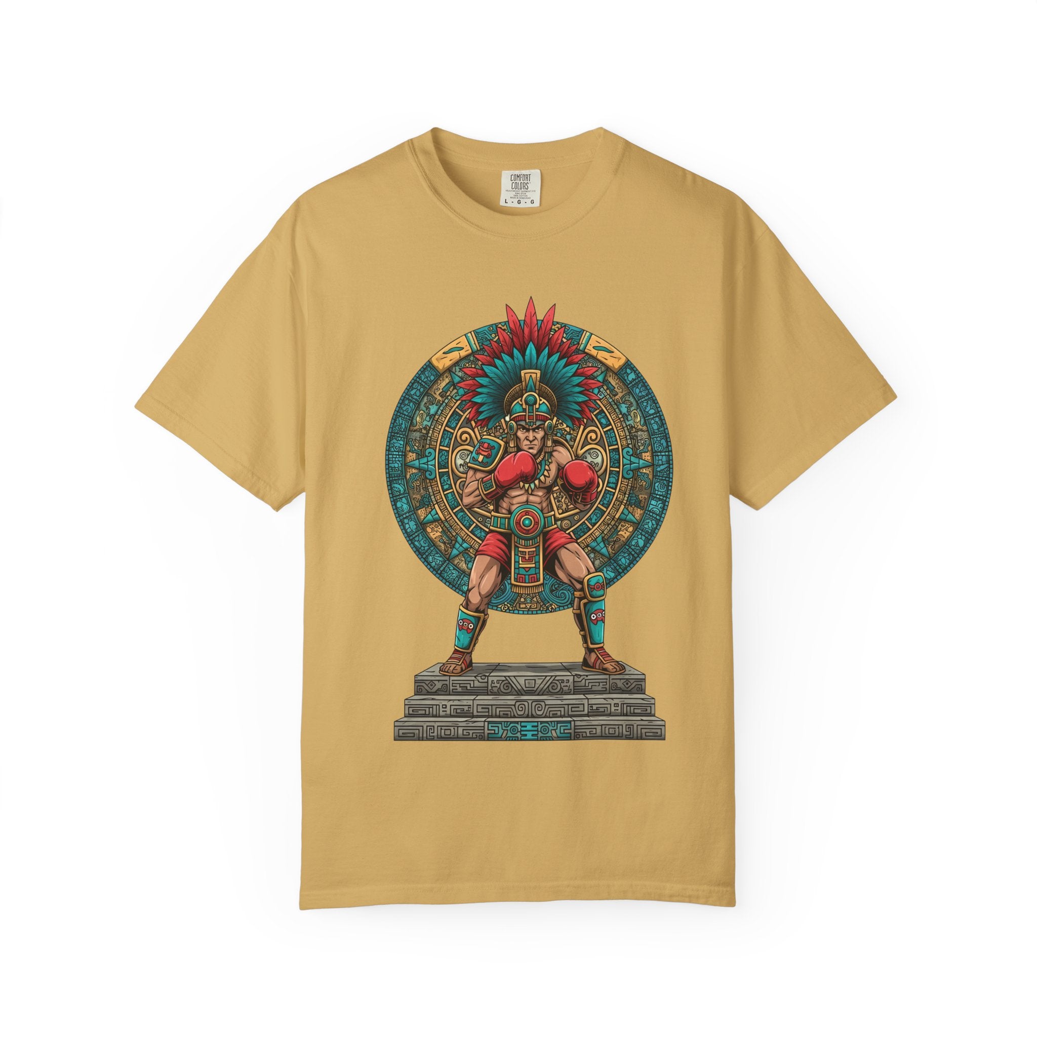 Aztec Warrior Graphic T-Shirt — Vintage Mesoamerican Sunstone Design