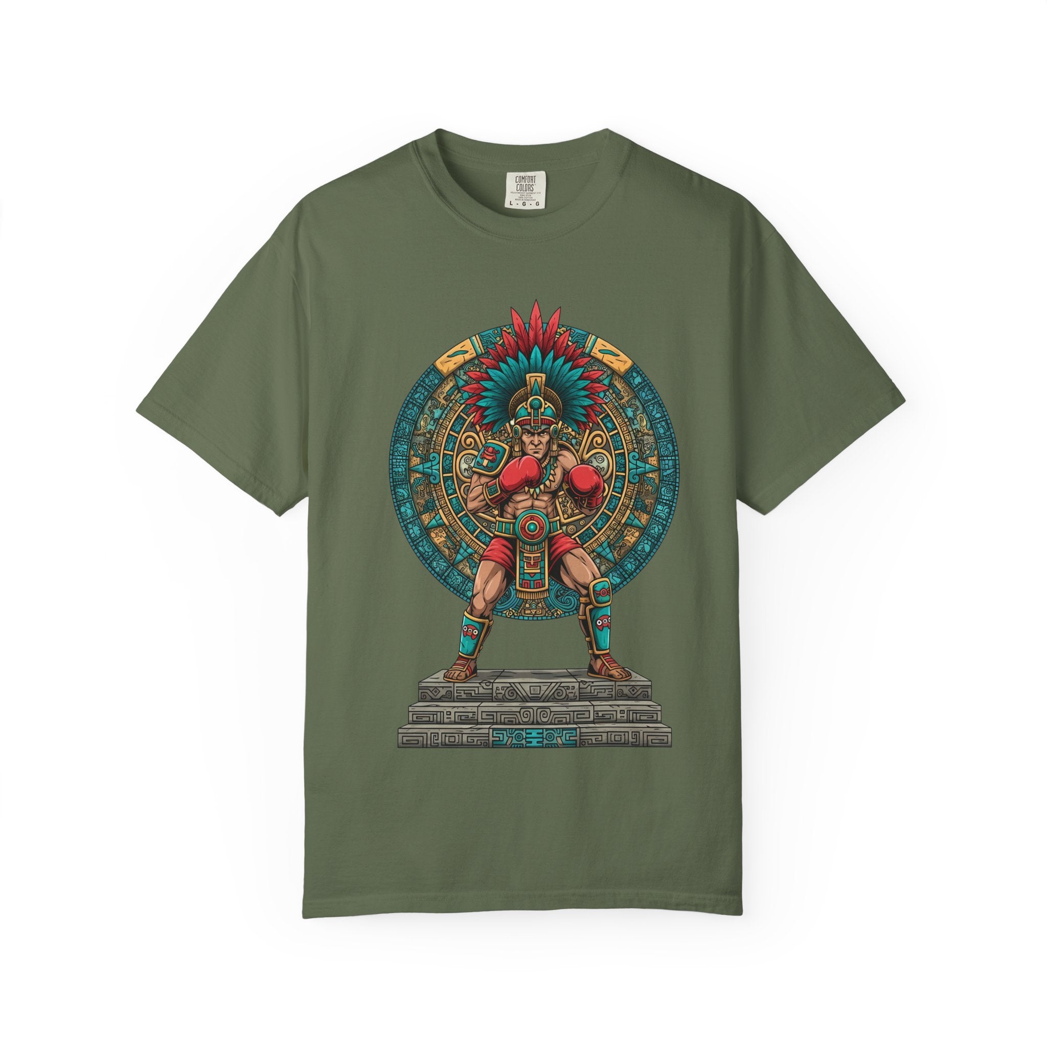 Aztec Warrior Graphic T-Shirt — Vintage Mesoamerican Sunstone Design