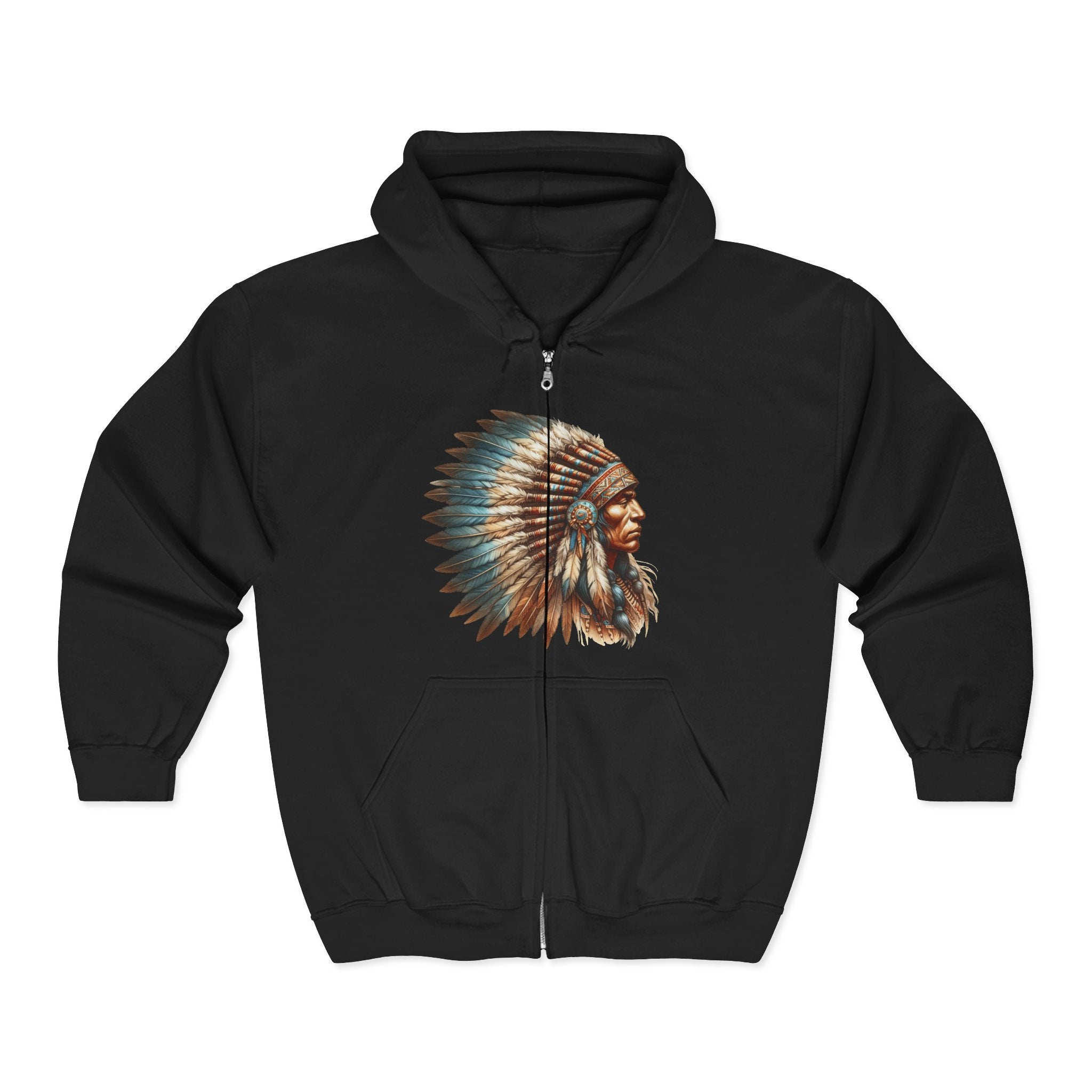 Native American Headdress & Buffalo Zip Hoodie – Tribal Spirit Full-Zip Sweatshirt
