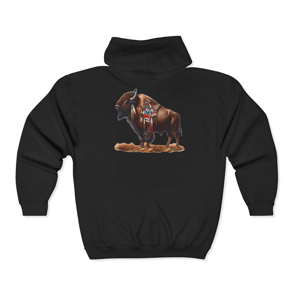Native American Headdress & Buffalo Zip Hoodie – Tribal Spirit Full-Zip Sweatshirt