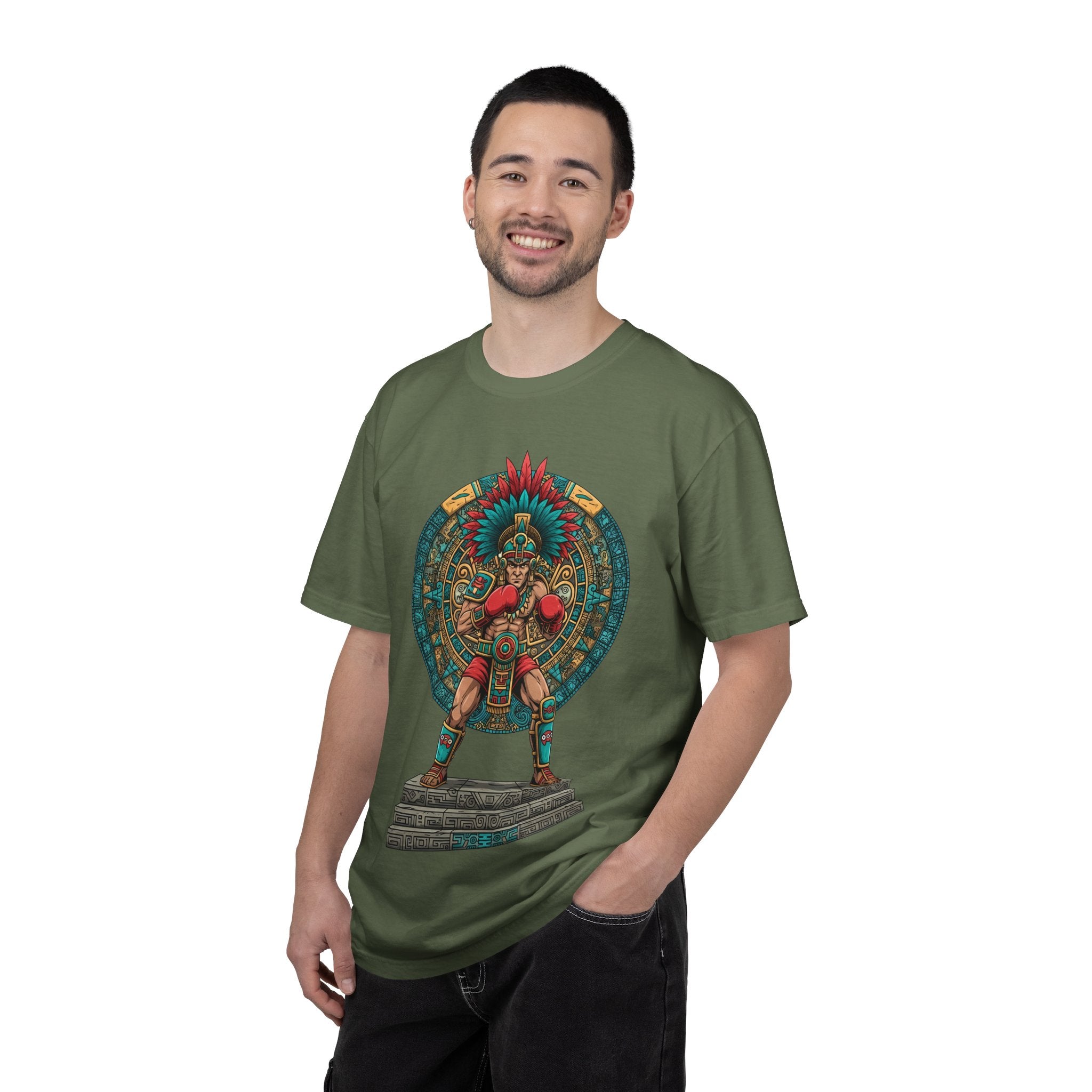 Aztec Warrior Graphic T-Shirt — Vintage Mesoamerican Sunstone Design