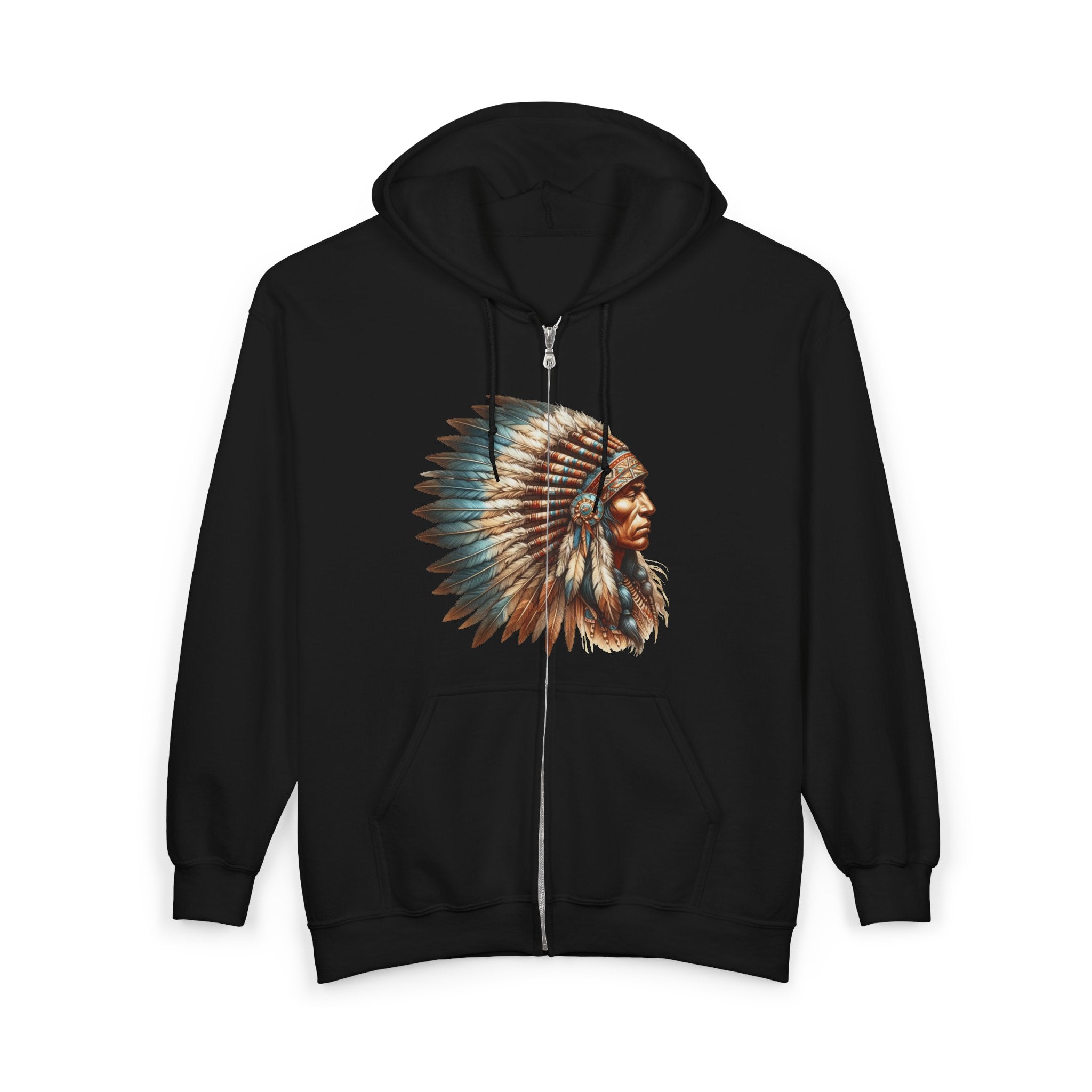 Native American Headdress & Buffalo Zip Hoodie – Tribal Spirit Full-Zip Sweatshirt