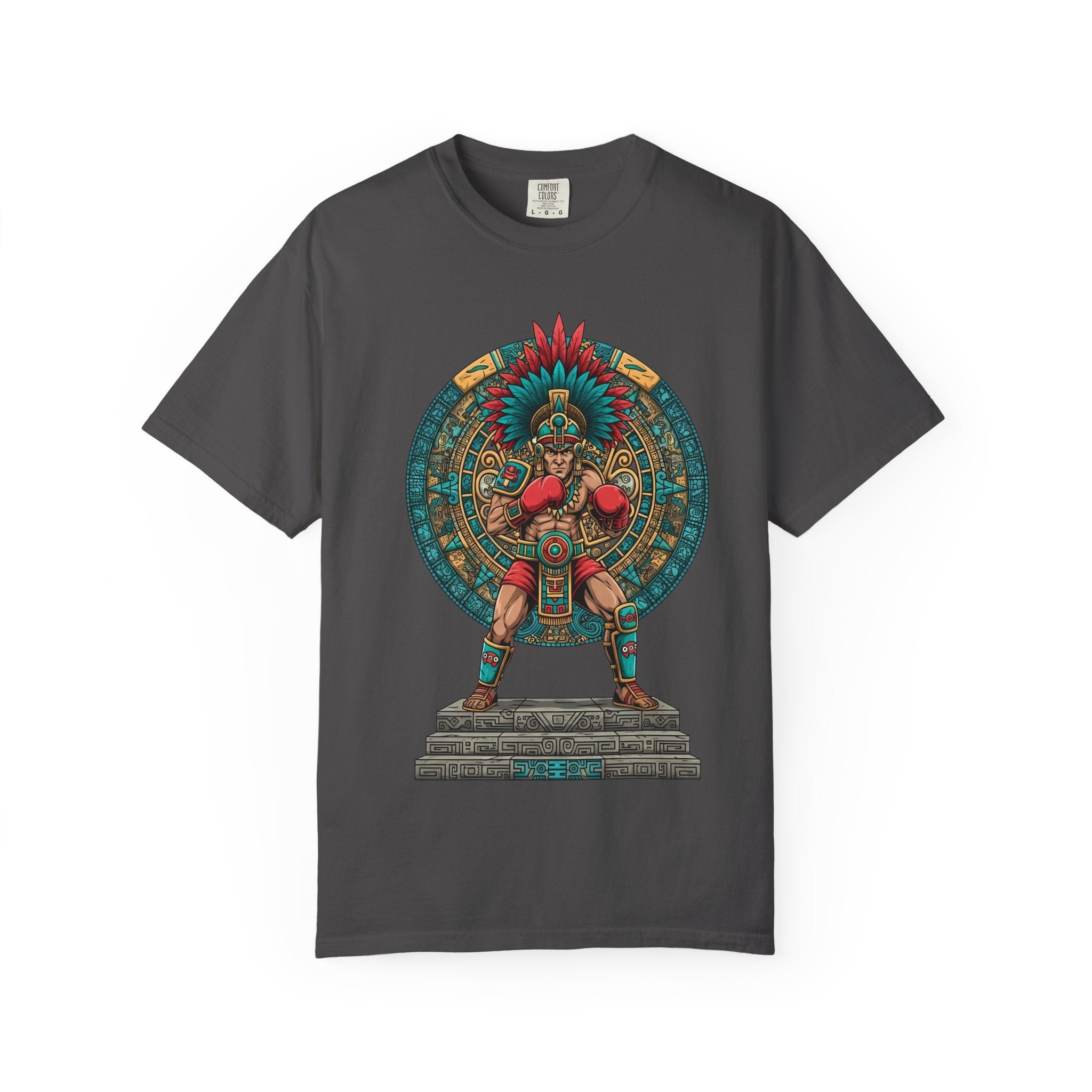 Aztec Warrior Graphic T-Shirt — Vintage Mesoamerican Sunstone Design