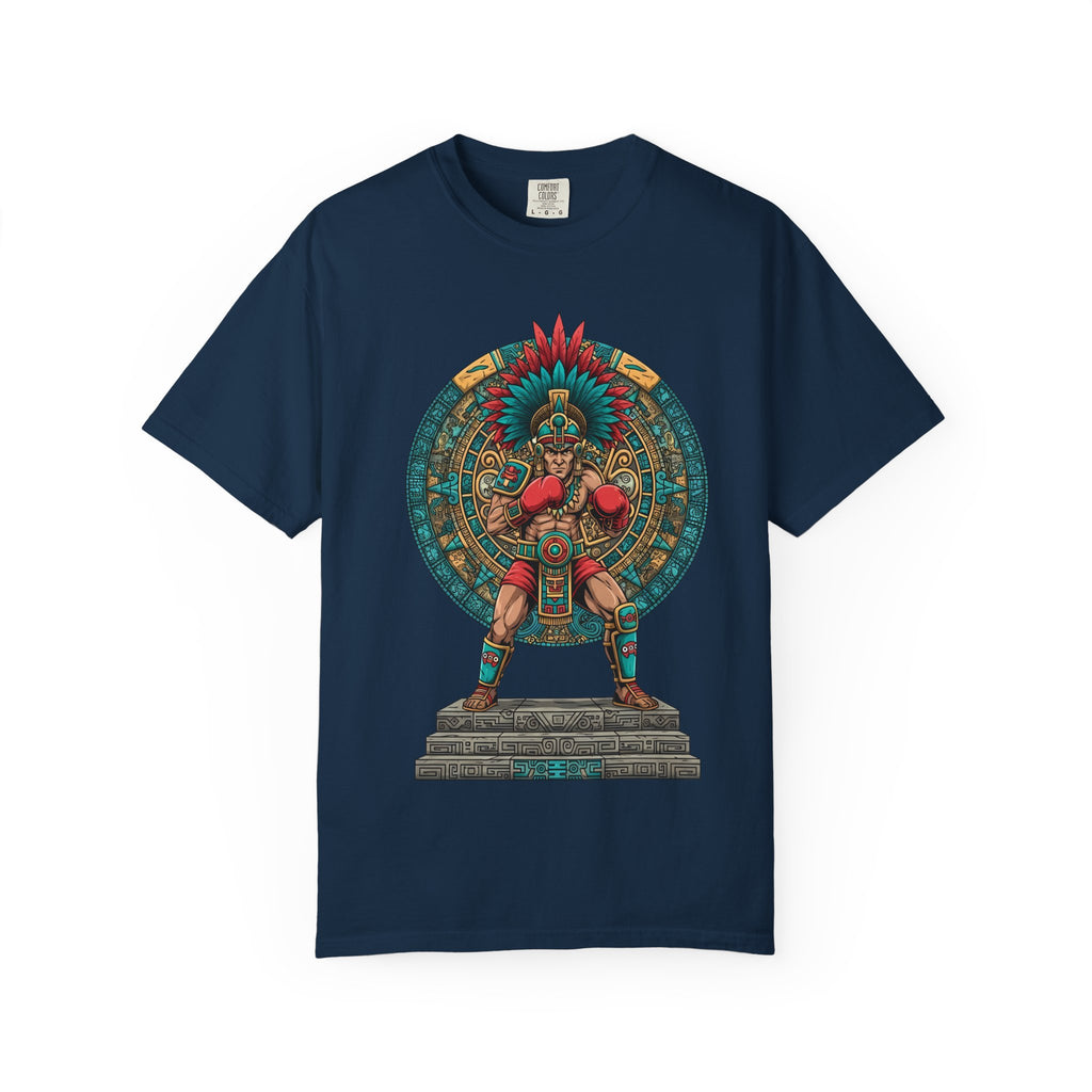 Aztec Warrior Graphic T-Shirt — Vintage Mesoamerican Sunstone Design